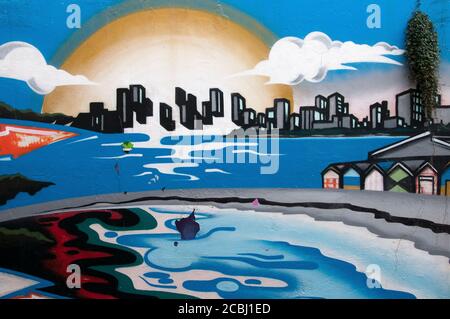 Street art mural depicting bathing boxes on Middle Brighton Beach, Melbourne, Australia Stock Photo