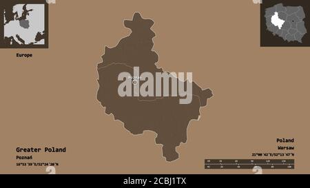 Shape of Greater Poland, voivodeship of Poland, and its capital. Distance scale, previews and labels. Colored elevation map. 3D rendering Stock Photo