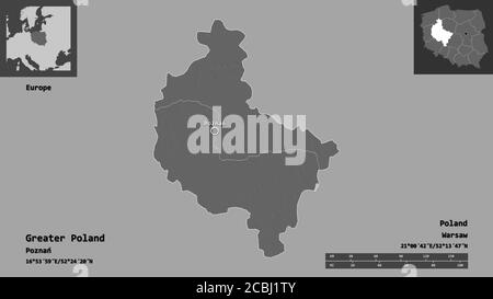 Shape of Greater Poland, voivodeship of Poland, and its capital. Distance scale, previews and labels. Bilevel elevation map. 3D rendering Stock Photo