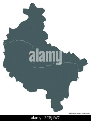 Shape of Greater Poland, voivodeship of Poland, with its capital isolated on white background. Colored elevation map. 3D rendering Stock Photo