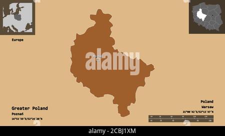 Shape of Greater Poland, voivodeship of Poland, and its capital. Distance scale, previews and labels. Composition of regularly patterned textures. 3D Stock Photo