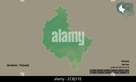 Shape of Greater Poland, voivodeship of Poland, with its capital isolated on solid background. Distance scale, region preview and labels. Topographic Stock Photo