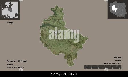 Shape of Greater Poland, voivodeship of Poland, and its capital. Distance scale, previews and labels. Satellite imagery. 3D rendering Stock Photo