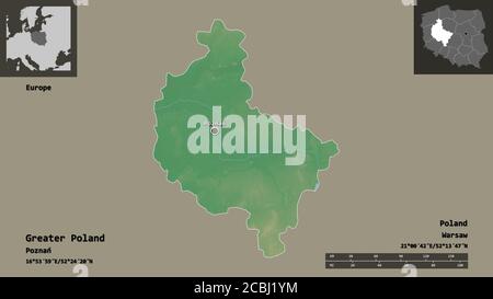 Shape of Greater Poland, voivodeship of Poland, and its capital. Distance scale, previews and labels. Topographic relief map. 3D rendering Stock Photo