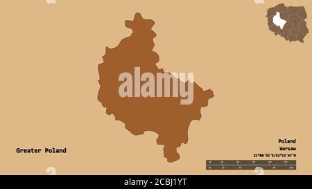 Shape of Greater Poland, voivodeship of Poland, with its capital isolated on solid background. Distance scale, region preview and labels. Composition Stock Photo