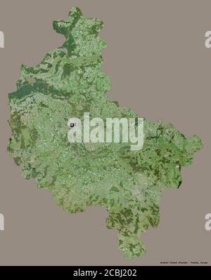 Shape of Greater Poland, voivodeship of Poland, with its capital isolated on a solid color background. Satellite imagery. 3D rendering Stock Photo