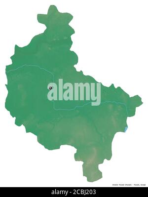 Shape of Greater Poland, voivodeship of Poland, with its capital isolated on white background. Topographic relief map. 3D rendering Stock Photo