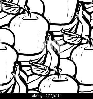 Apples and bananas seamless pattern. Black and white hand drawn illustration. Icon sign for print and labelling. Stock Vector