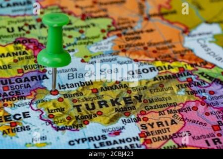 Push pin pointing location on map of istanbul, Turkey Stock Photo