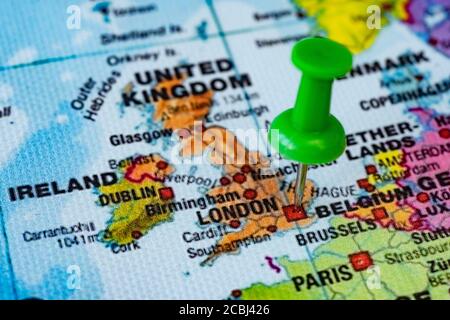 Pushpin pointing London on map, England Stock Photo