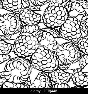 Raspberries seamless pattern. Black and white hand drawn illustration. Icon sign for print and labelling. Stock Vector