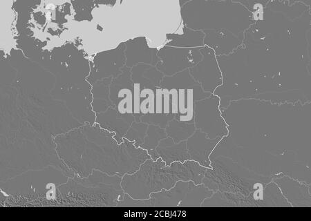 Extended area of Poland with country outline, international and regional borders. Bilevel elevation map. 3D rendering Stock Photo