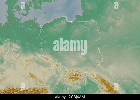 Extended area of Poland with country outline, international and regional borders. Topographic relief map. 3D rendering Stock Photo