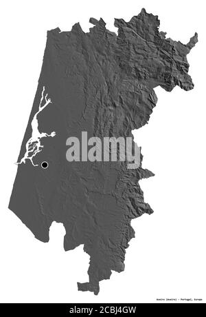 Shape of Aveiro, district of Portugal, with its capital isolated on white background. Bilevel elevation map. 3D rendering Stock Photo