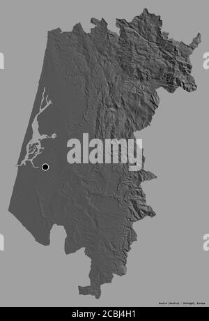 Shape of Aveiro, district of Portugal, with its capital isolated on a solid color background. Bilevel elevation map. 3D rendering Stock Photo