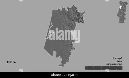 Shape of Aveiro, district of Portugal, with its capital isolated on solid background. Distance scale, region preview and labels. Bilevel elevation map Stock Photo