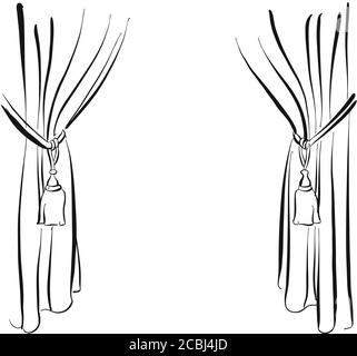 curtains on stage drawing drawing. Black and white hand drawn illustration. Icon sign for print and labelling. Stock Vector