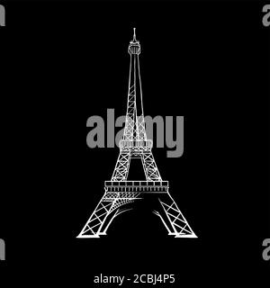 Paris Eiffel Tower drawing . Black and white hand drawn illustration. Icon sign for print and labelling. Stock Vector