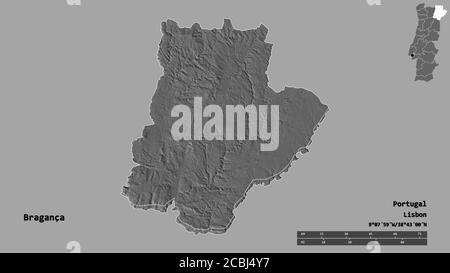 Shape of Bragança, district of Portugal, with its capital isolated on solid background. Distance scale, region preview and labels. Bilevel elevation m Stock Photo