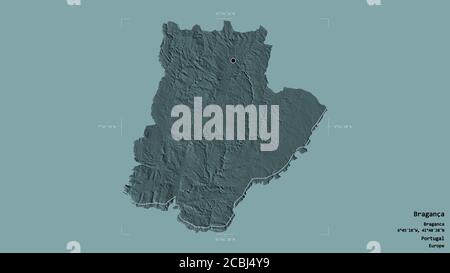 Area of Bragança, district of Portugal, isolated on a solid background in a georeferenced bounding box. Labels. Colored elevation map. 3D rendering Stock Photo