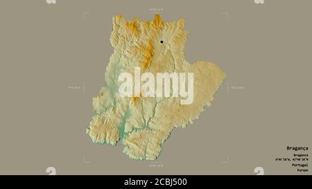 Area of Bragança, district of Portugal, isolated on a solid background in a georeferenced bounding box. Labels. Topographic relief map. 3D rendering Stock Photo