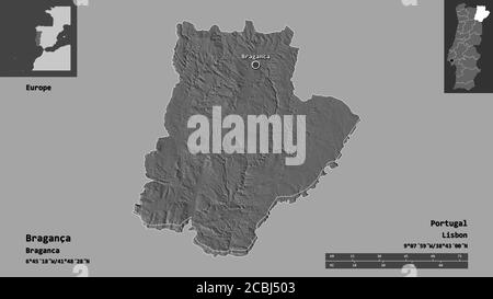 Shape of Bragança, district of Portugal, and its capital. Distance scale, previews and labels. Bilevel elevation map. 3D rendering Stock Photo