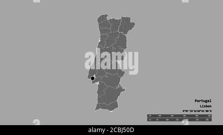 Desaturated shape of Portugal with its capital, main regional division and the separated Bragança area. Labels. Bilevel elevation map. 3D rendering Stock Photo