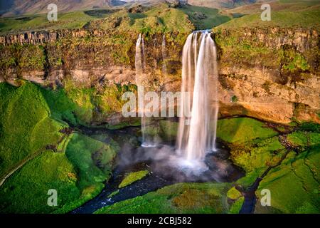 Seljalandfoss from aerial view, Iceland. One of the most beautiful waterfall in Iceland. Stock Photo