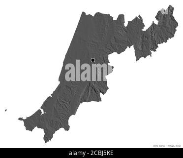 Shape of Leiria, district of Portugal, with its capital isolated on white background. Bilevel elevation map. 3D rendering Stock Photo