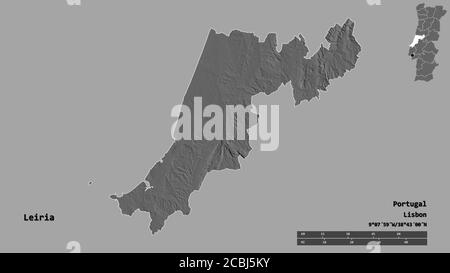 Shape of Leiria, district of Portugal, with its capital isolated on solid background. Distance scale, region preview and labels. Bilevel elevation map Stock Photo