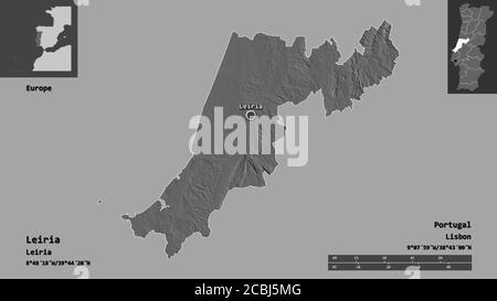 Shape of Leiria, district of Portugal, and its capital. Distance scale, previews and labels. Bilevel elevation map. 3D rendering Stock Photo