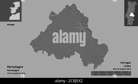 Shape of Portalegre, district of Portugal, and its capital. Distance scale, previews and labels. Bilevel elevation map. 3D rendering Stock Photo