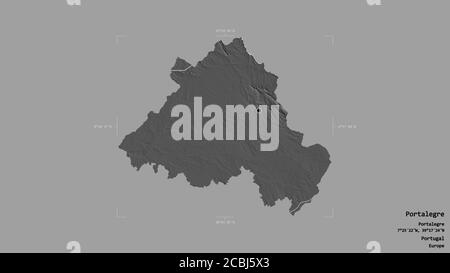 Area of Portalegre, district of Portugal, isolated on a solid background in a georeferenced bounding box. Labels. Bilevel elevation map. 3D rendering Stock Photo