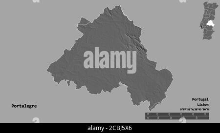 Shape of Portalegre, district of Portugal, with its capital isolated on solid background. Distance scale, region preview and labels. Bilevel elevation Stock Photo