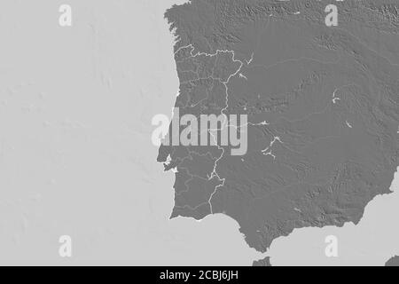 Extended area of Portugal with country outline, international and regional borders. Bilevel elevation map. 3D rendering Stock Photo