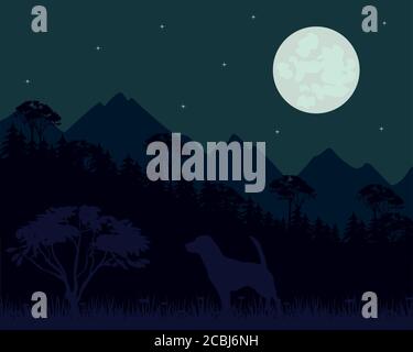 Mountains and wood landscape in starry night Stock Vector