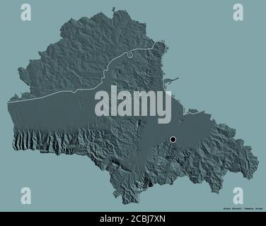 Shape of Brașov, county of Romania, with its capital isolated on a solid color background. Colored elevation map. 3D rendering Stock Photo