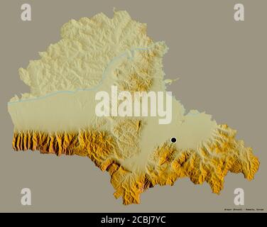 Shape of Brașov, county of Romania, with its capital isolated on a solid color background. Topographic relief map. 3D rendering Stock Photo