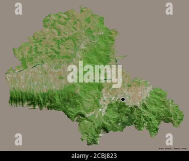 Shape of Brașov, county of Romania, with its capital isolated on a solid color background. Satellite imagery. 3D rendering Stock Photo