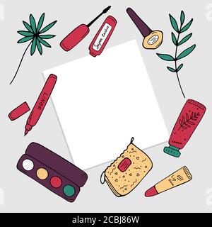Makeup products on table. Copy space for ypur text. Beauty cosmetic concept. Cute flat vector illustration Stock Vector
