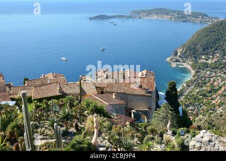 France, french riviera, Eze village is a renowned site and famous worldvide for the view on the mediterranean sea from the hill top cliff. Stock Photo