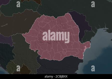 Shape of Romania separated by the desaturation of neighboring areas. Borders. Colored elevation map. 3D rendering Stock Photo