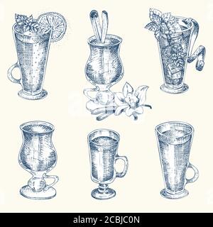 Set hand drawn sketch glasses for christmas alcoholic drink. Mulled wine Vintage design bar, restaurant, cafe menu, white background Creative template Stock Vector