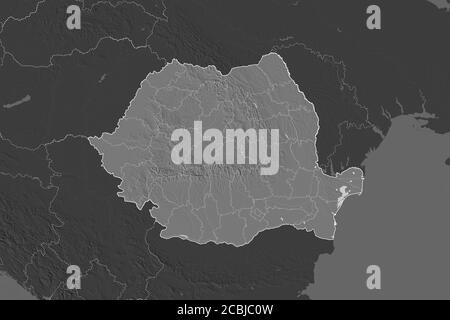 Shape of Romania separated by the desaturation of neighboring areas. Borders. Bilevel elevation map. 3D rendering Stock Photo