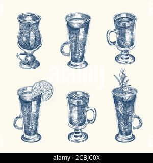 Set hand drawn sketch glasses for christmas alcoholic drink. Mulled wine Vintage design bar, restaurant, cafe menu, white background Creative template Stock Vector