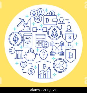 Cryptocurrency round concept banner in line style. Alternative currency poster with bitcoin and digital coins symbols. Vector illustration. Stock Vector