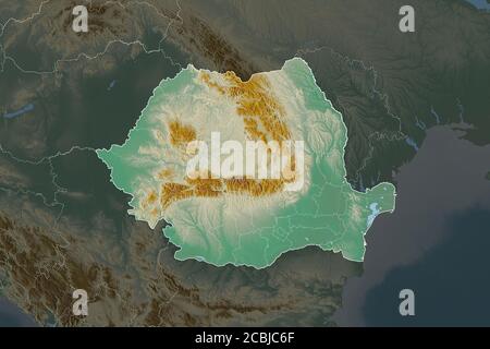 Shape of Romania separated by the desaturation of neighboring areas. Borders. Topographic relief map. 3D rendering Stock Photo
