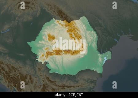 Shape of Romania separated by the desaturation of neighboring areas. Topographic relief map. 3D rendering Stock Photo