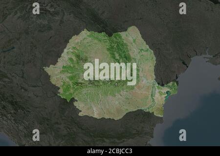 Shape of Romania separated by the desaturation of neighboring areas. Satellite imagery. 3D rendering Stock Photo
