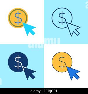 Pay per click icon set in flat and line style. Coin with dollar sign and mouse cursor symbols. Vector illustration. Stock Vector